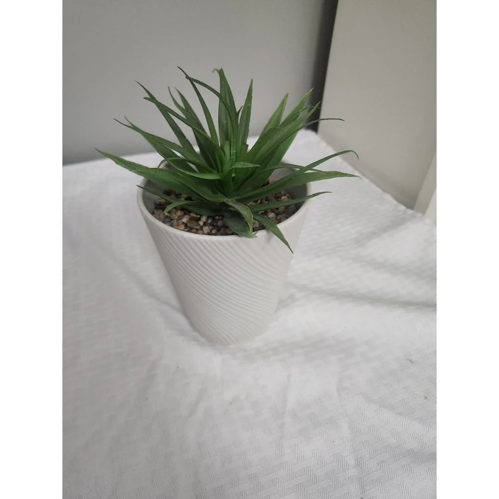 Faux Succulent in White Spiral Textured Ceramic Pot Artificial Green Plant Decor